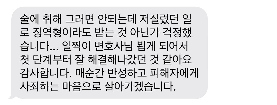 술에 취해 그러면 안되는데 저질렀던 일로 징역형이라도 받는 것 아닌가 걱정했습니다... 일찍이 변호사님 뵙게 되어서 첫 단계부터 잘 해결해나갔던 것 같아요 감사합니다. 매순간 반성하고 피해자에게 사죄하는 마음으로 살아가겠습니다. 